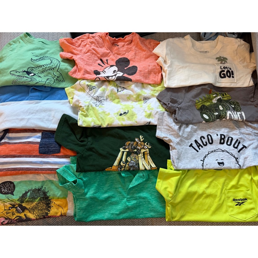 Lot of 12 Boys 3T Short Sleeve Shirts Disney Reebok Graphic Tees Polos Bundle
